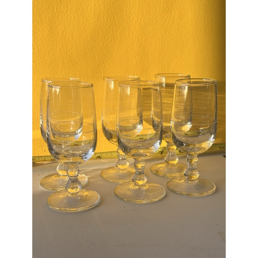 Vintage Liqueur Glass set‎ of six 1950s Mini Colombian PattW/ Etched Liquor Line